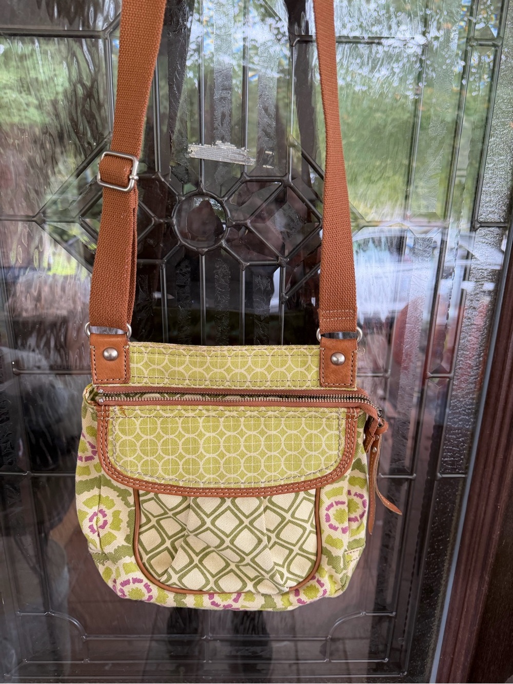 Fossil Olive Green Patterned Crossbody with Brown Strap